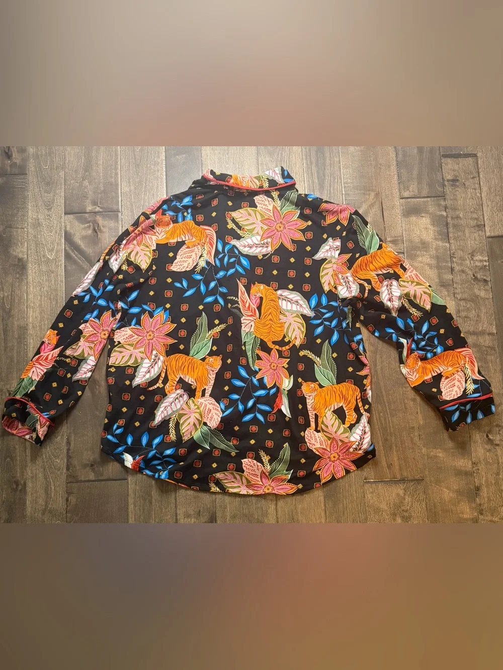 Room Service Floral Tiger Print Pajama Set Women’s XXL Black Button Front Lounge
